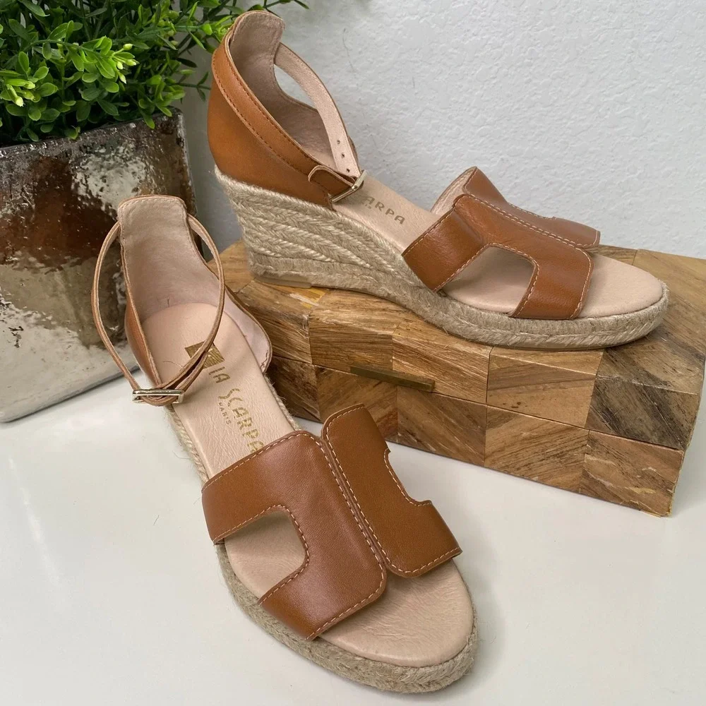 La Scarpa Paris Espadrille Wedge Sandals Ankle Strap Open Toe Tan Leather EU 37